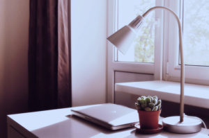 Schreibtischlampe Laptop und Pflanze
